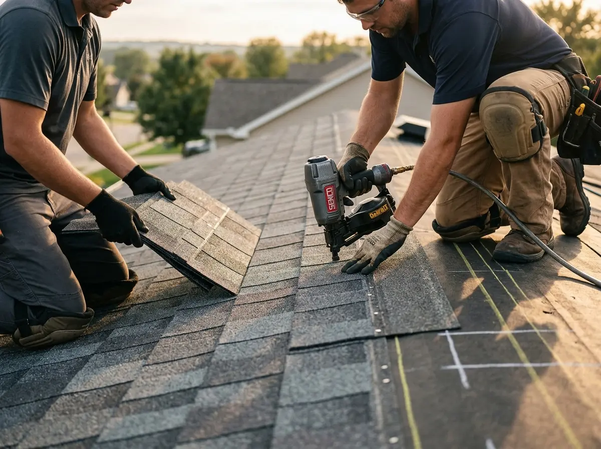 Professional roofer working on a residential roof in East Earl